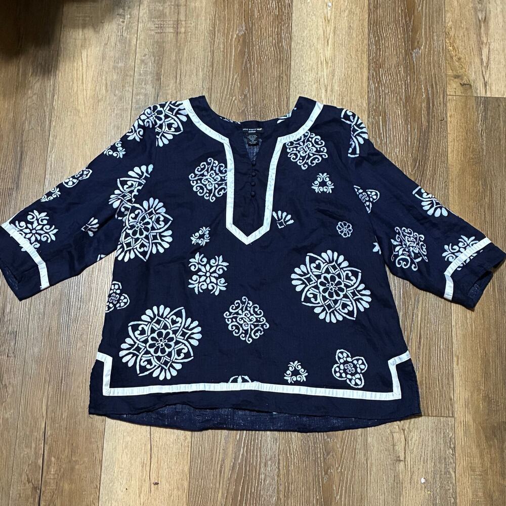 Saint Tropez West 100% Linen Tunic Kimono Top 2X Blue Beach Nautical Coastal